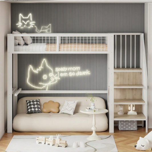 Hochbett 90x200 mit integriertem Kleiderschrank & Regal – Metallrahmen, sicher & platzsparend