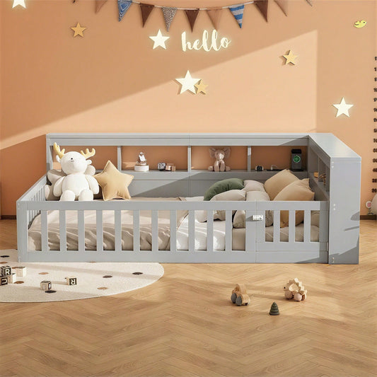 Tagesbett 140x190 cm - Modernes Daybed mit Staufach & USB-Steckdose - Schlafsofa mit Lattenrost (ohne Matratze) & Brüstung - Graues Platzsparbett aus Spanplatte"