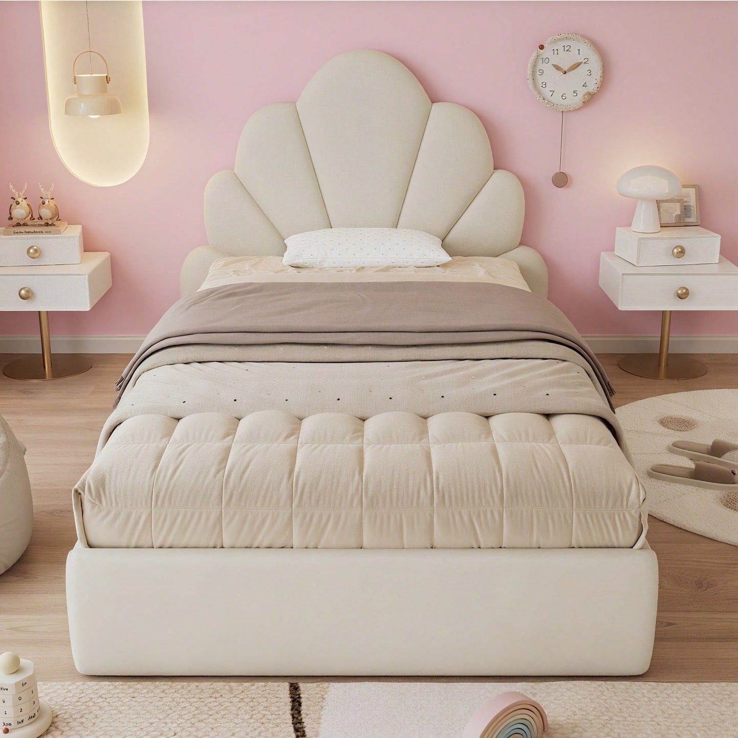 Beige Samt Einzelbett mit Blütenblatt-Kopfteil – Modernes Polsterbett 90x200 cm, Elegantes & Bequemes Bettgestell mit Geschwungenem Design