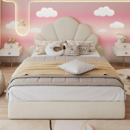 Beiges Samt-Doppelbett mit Blütenblatt-Kopfteil – Modernes Polsterbett 140x200 cm, Elegantes & Bequemes Bettgestell mit Geschwungenem Design