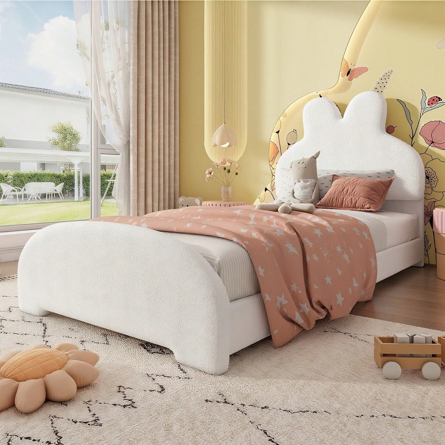 Weißes Einzelbett mit Hasenohren-Kopfteil – Niedliches Cartoon-Design, Flauschiges Vliesimitat, 90x200 cm – Stilvoll & Gemütlich