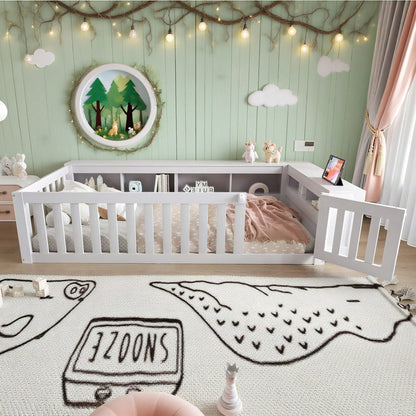 Kinderbett 90x200 cm aus Massivholz – Multifunktionales Einzelbett mit Sicherheitsgitter, Türchen & großzügigem Stauraum – Inkl. Lattenrost, Rundum-Schutz & Aufbewahrungsfächern (Weiß)