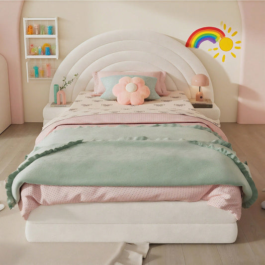 Modernes Einzelbett 90x200 cm in Beige - Exklusives Polsterbett mit Regenbogen-Kopfteil & beidseitigen Nachttischen - Hochwertiges Vliesimitat - Stilvolles & bequemes Bettgestell - Platzsparende Schlafzimmer-Lösung