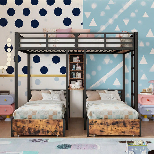 Robustes Etagenbett (140x200 cm + 90x200 cm) – 3-Bett-Kombi mit Seitengittern & Sicherheitsleiter – Praktisch mit Staufächern, 2 Schubladen & Regalen – Schwarzes Multifunktionsbett ohne Matratze