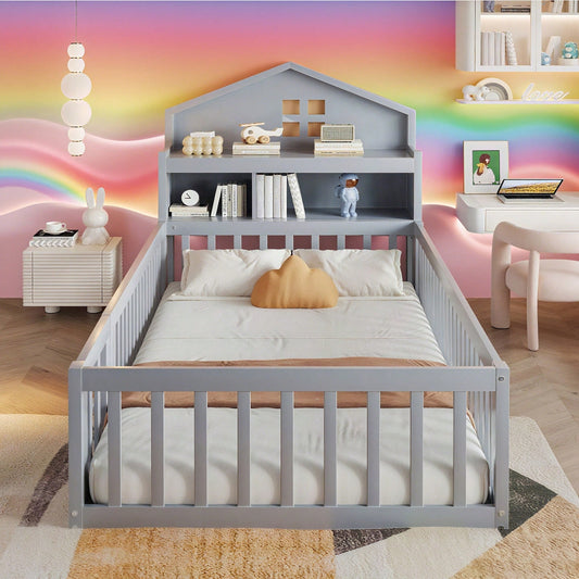 White Solid Wood Children's Bed 90x200 cm - Complete Bed Frame with Safety Gate & Door, Picture Rail, Storage Shelves & Slatted Base - Playful House-Shaped Design for Kids' Room