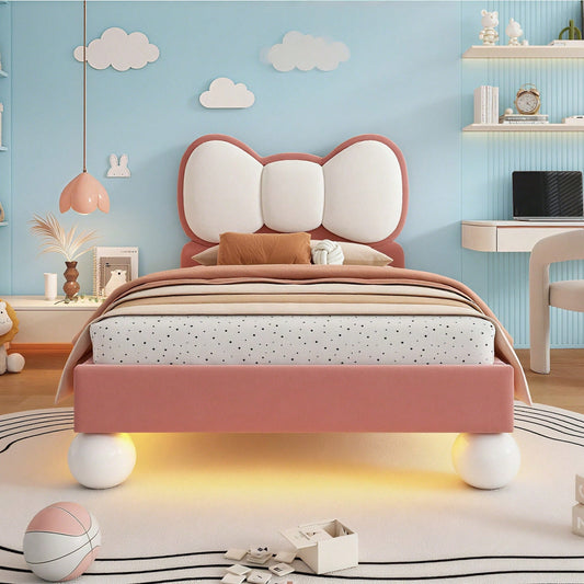 Polsterbett, Einzelbett, Kinderbett, Fliegeformiges Bettkopfteil, Farblich anpassbare LED-Lichtleiste unter dem Bett, stabiler Lattenrost, Samt, schönes Design, Beige + Rosa, 90x200cm