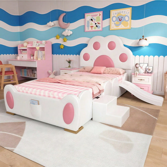 Kinder-Polsterbett 90x200 cm – Niedliches Katzenpfoten-Kopfteil mit Rutsche & 2-stufiger Leiter – Weiß-Rosa PU-Bezug, süßes Einzelbett für Kinder