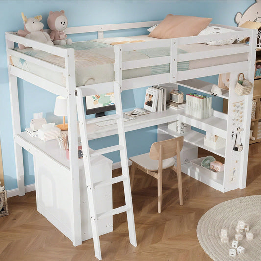 Hochbett Kinderbett 90x200 cm mit Sicherheitsgeländer & Ablageregal – Praktisches Filztuch & stabile Schrägleiter – Kiefer/Spanplatte/Sperrholz in Weiß