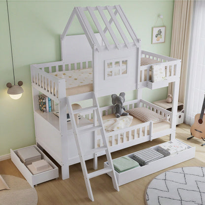 Etagenbett Kinderbett 90x200 cm mit Dach & Fenster – Praktisch mit 2 Roll-Schubladen, Lesetisch & Ablagekorb – Weiß (Kiefer/MDF/Sperrholz)