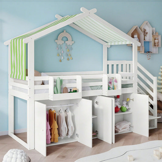 Etagenbett, Kinderbett, mit Fallschutzgitter, 1 Kleiderschrank und 2 Schließfächer, mit 3 Schließfächer in der Treppe, gestreifter Stoff, Kiefer+MDF+Sperrholz, Weiß+Grün, 90x200cm