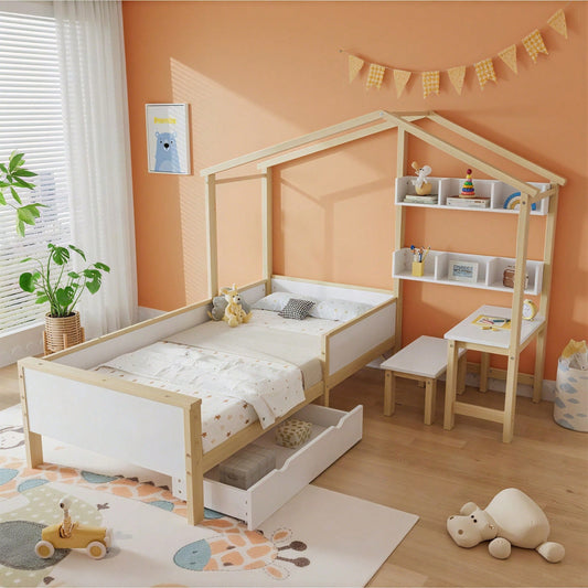 Kinderbett Hausbett mit Schubladen und Regalen, mit Tisch und Hocker, Massivholz mit Schutzplatte und Lattenroste, L-Struktur, Weiß+Natur, Kiefer+MDF+Mehrschichtplatte, 90x200cm