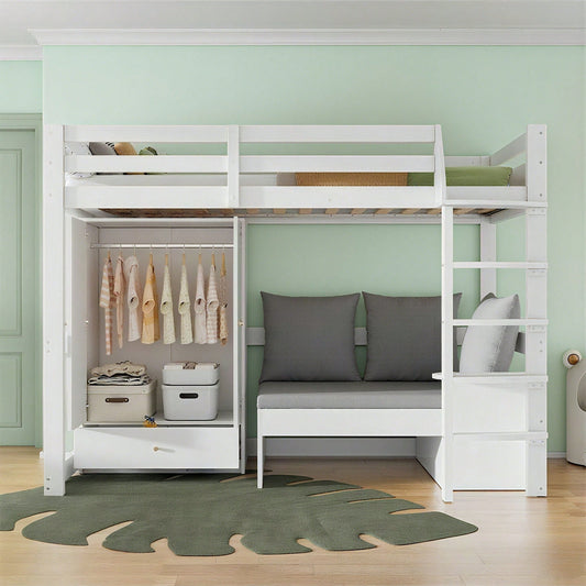 Hochbett für Kinder,Multifunktionales Kinderbett, mit eine Leiter, mit Kleiderschrank, Sofa mit Stauraum, drei Kissen und Auflagen, mit Ablageboden, ohne Matratze, Massivholz, weiß, 90 x 200