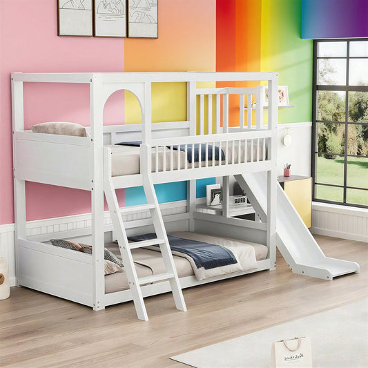 Kinder-Etagenbett, Doppelbett, multifunktionales Kinderbett, mit Regalen, mit Rutsche, ohne Matratze, weiß, 90*200