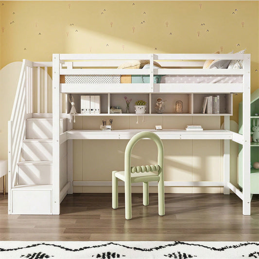 Kinderhochbett mit Stauraumtreppe 90*200cm, Massivholz+MDF, Etagenbett, Kinderbett mit großen Schreibtisch und Regalen,