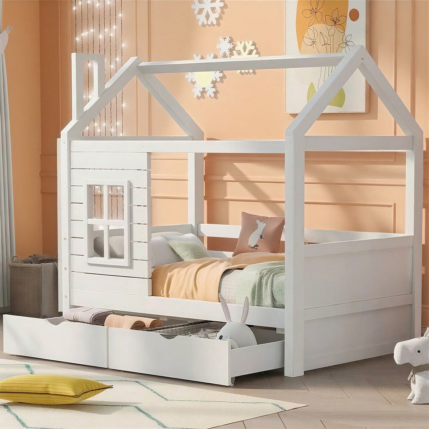 Hausbett Kinderbett Jugendbett 80*160 mit Rausfallschutz vielseitiges Holz Kinderbett für Jungen & Mädchen, Massivholz Kinder Bett mit Rausfallschutz Fenster und Lattenrost, Weiss