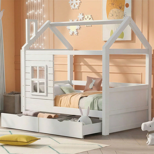 Hausbett Kinderbett Jugendbett 80*160 mit Rausfallschutz vielseitiges Holz Kinderbett für Jungen & Mädchen, Massivholz Kinder Bett mit Rausfallschutz Fenster und Lattenrost, Weiss