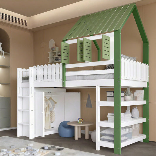 Hochbett, Kinderbett mit Fallschutzgitter, Mit Dach und Fenster , Reichlich Stauraum mit Kleiderschrank, Dreischichtiges offenes Lagerregal, Dreistufige Leiter, Kiefer+MDF+Sperrholz, Weiß+Grün, 90x200