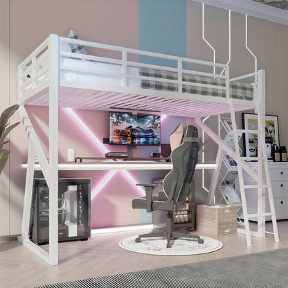 Hochbett, 90 x 200cm, Eisenrahmen, LED-Leiste, Geländer, Treppe, Schreibtisch, ohne Matratze, schwarz
