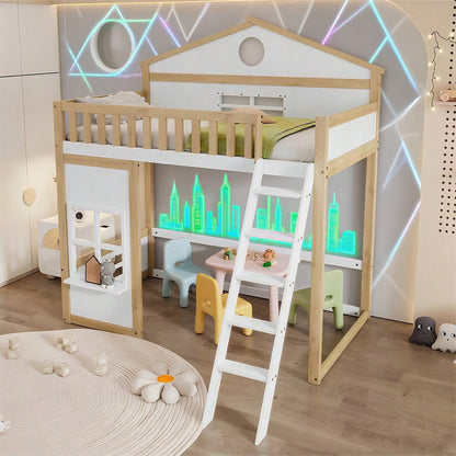 [N622D161516W] Etagenbett, Hausbett, mit Treppe, mit Fallschutz und Gitter, Kinderbett mit Dach und Fenster, Frei gestaltetes Unterbett, Rahmen aus Kiefer, Kiefer+MDF, Weiß+Natur, 90x200cm