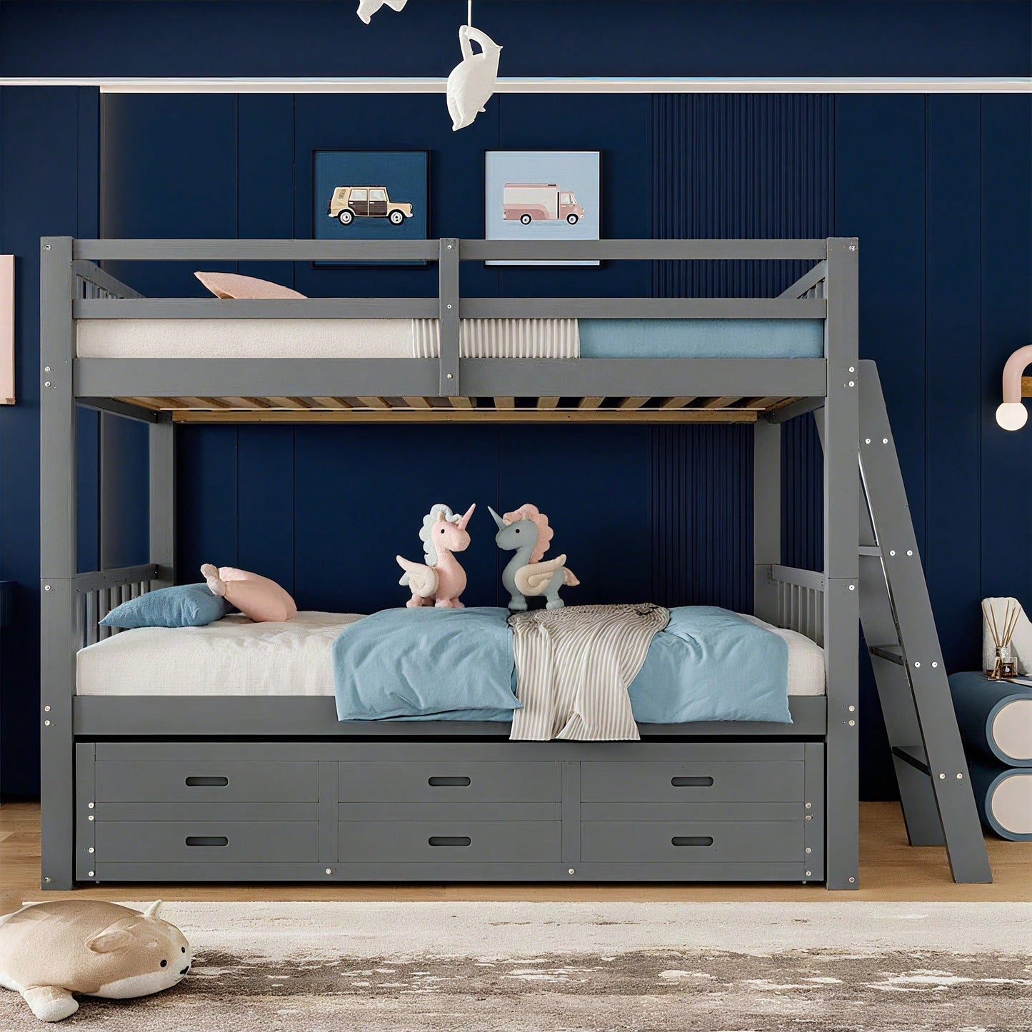 Etagenbett 90x200cm, Kinderbett, Hausbett für Mädchen und Jungen, Bettgestell aus Kiefernholz und MDF mit Leiter undausziehbarem Bett und 3 Schubladen , Ohne Matratze, Grau