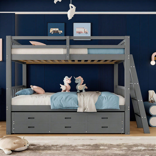 Etagenbett 90x200cm, Kinderbett, Hausbett für Mädchen und Jungen, Bettgestell aus Kiefernholz und MDF mit Leiter undausziehbarem Bett und 3 Schubladen , Ohne Matratze, Grau