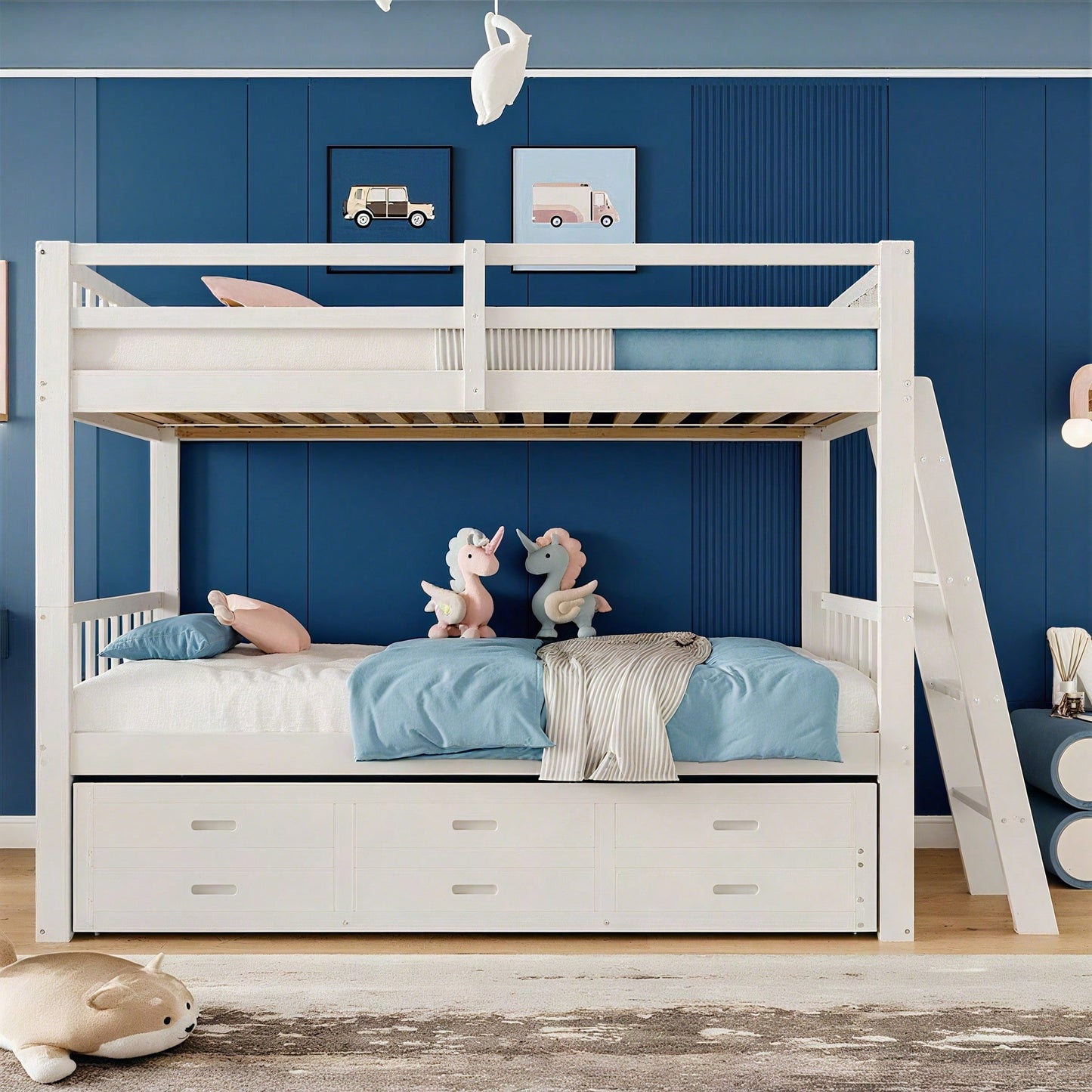 Etagenbett 90x200cm, Kinderbett, Hausbett für Mädchen und Jungen, Bettgestell aus Kiefernholz und MDF mit Leiter undausziehbarem Bett und 3 Schubladen , Ohne Matratze, Grau
