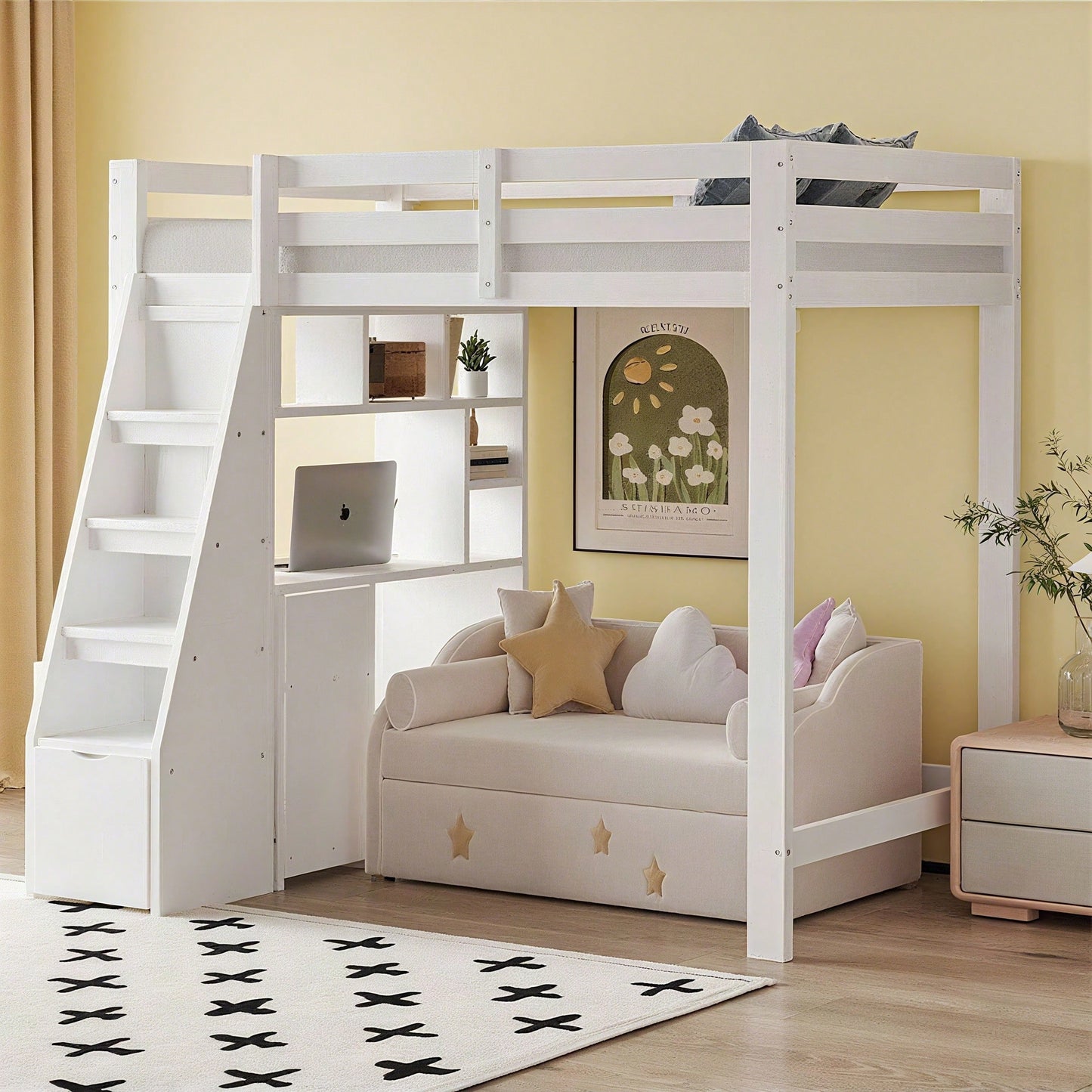 Hochbett 90x200 cm mit Schreibtisch & Regalen - Massivholz-Kinderbett mit Sicherheitsleiter, Schubladen & Schrank in Weiß