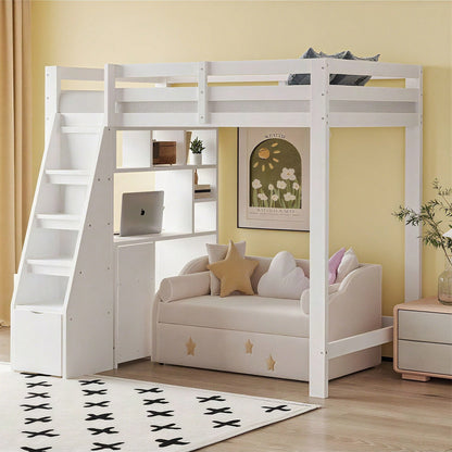 Hochbett 90x200 cm mit Schreibtisch & Regalen - Massivholz-Kinderbett mit Sicherheitsleiter, Schubladen & Schrank in Weiß