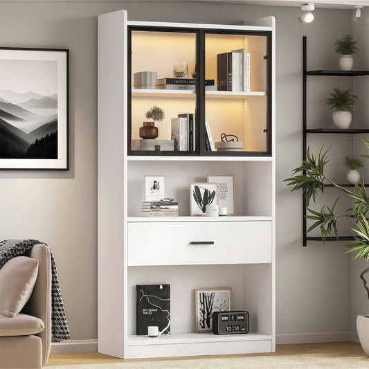 Curio Vitrine mit Licht, Aufbewahrungsregale mit Pop-up Glastüren, 1 große Schubladen & 16 Farben Licht, Sammlerstücke Schrank Display Regal, Bücherregal Vitrine für Wohnzimmer, weiß, schwarzer Fenste