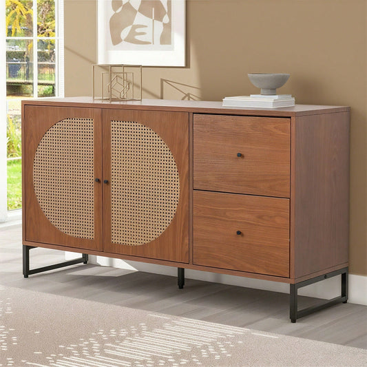 Sideboard mit 2 Rattan verzierten Türen und 2 Schubladen Kommode Küchenschrank, Mehrzweckschrank, Highboard mit Metallgriffe, für Schlafzimmer & Wohnräume & Büro