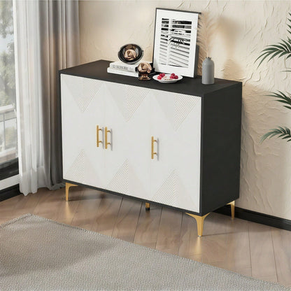 Bohemian Sideboard mit weiß matt gestreiften Türen, goldenen Griffen und goldenen Beinen, Sideboard mit zu öffnenden und zu schließenden Türen, geeignet für Schlafzimmer, Wohnzimmer und Esszimmer