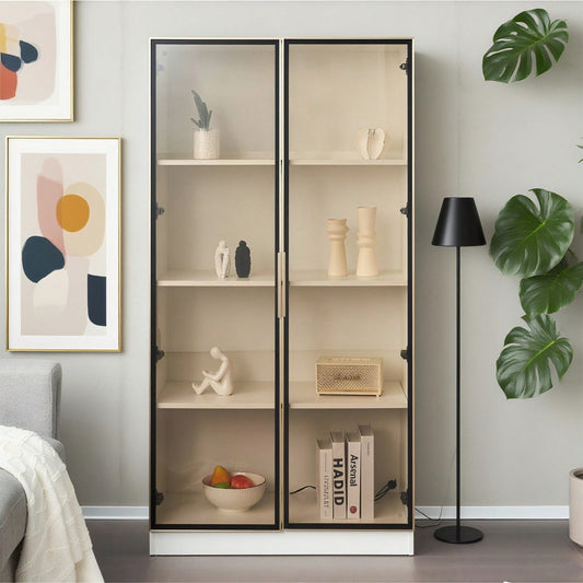Glasvitrine mit 16-farbiger LED-Beleuchtung, doppeltürige Vitrine mit beweglichen Einlegeböden, 80*40*160cm,Hochschrank für Wohnzimmer, Standvitrine,Badezimmerschrank