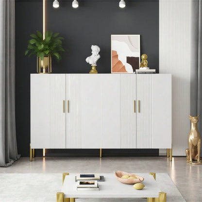 Moderner einfacher weißer matter multifunktionaler Aufbewahrungsschrank 4 offene und geschlossene Türen Esszimmerschrank Golddekoration 160*35*100cm