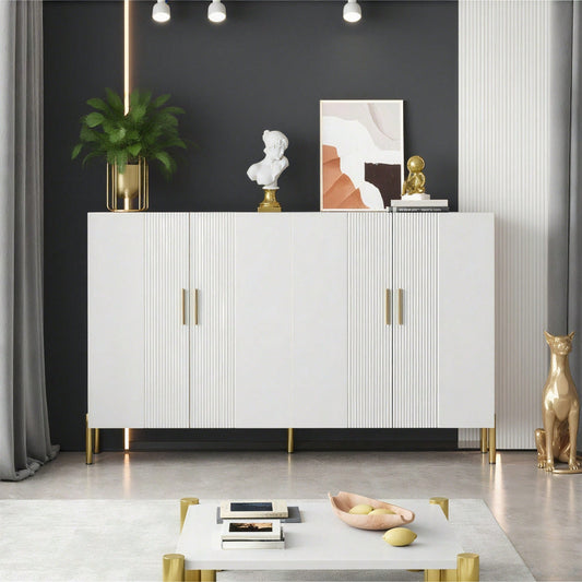 Moderner einfacher weißer matter multifunktionaler Aufbewahrungsschrank 4 offene und geschlossene Türen Esszimmerschrank Golddekoration 160*35*100cm
