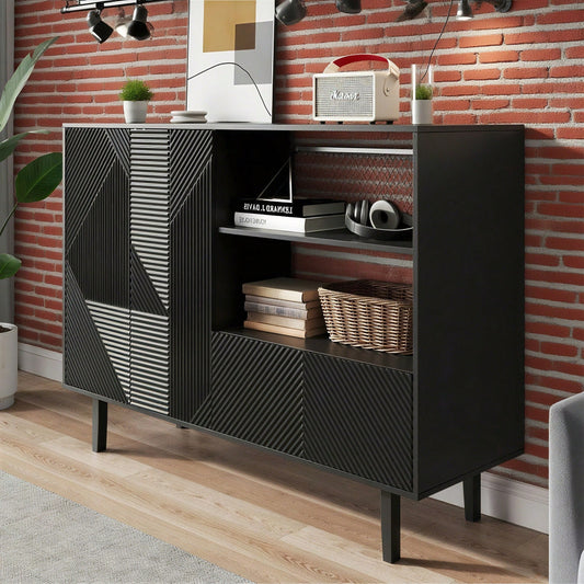Dekorativer Schrank mit mattschwarzen Streifen, Aufbewahrungsschrank mit geometrischem Muster, 2 zu öffnenden Türen und 1 Schublade, offener Stauraum für Eingangsbereich, Wohnzimmer