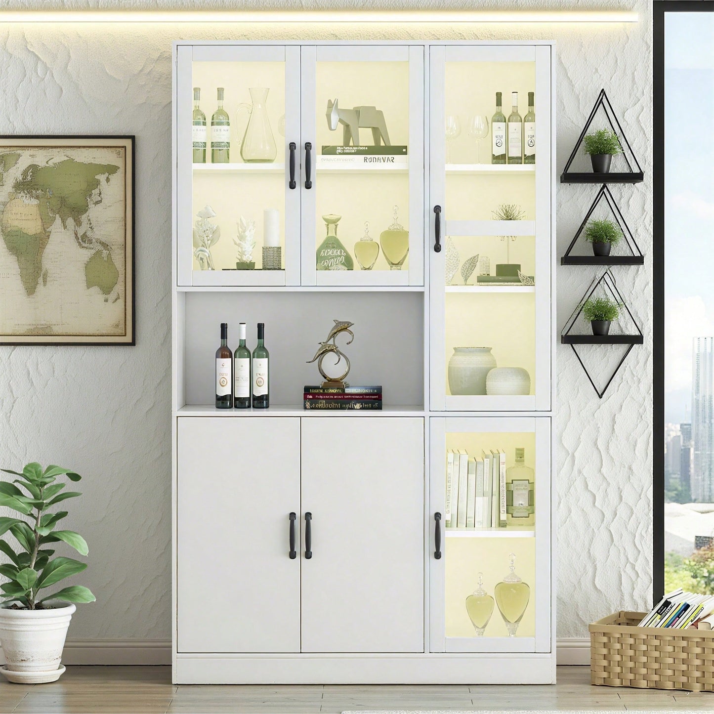 Weißer Vitrinenschrank, Bücherregale mit Türen, Standregale für Bücher, große Küchenanrichte, Vorratsschrank, Luxus-Bücherregal mit LED-Licht, Vitrinenschrank mit Regalen für Wohnzimmer, Schlafzimmer
