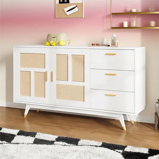 Moderner dekorativer weißer Rattan Schrank Multifunktionaler Aufbewahrungsschrank 2 Rattan Türen 3 Schubladen Buffet Golddekoration 160*40*87cm
