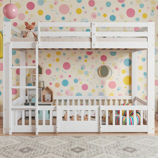 Etagenbett aus Kiefernholz & LVL 90x200 cm - Hochbett mit sicherer rechtwinkliger Treppe, Geländer und Tür - Weißes Kinderbett mit Absturzsicherung & nutzbarem Freiraum unter dem Bett