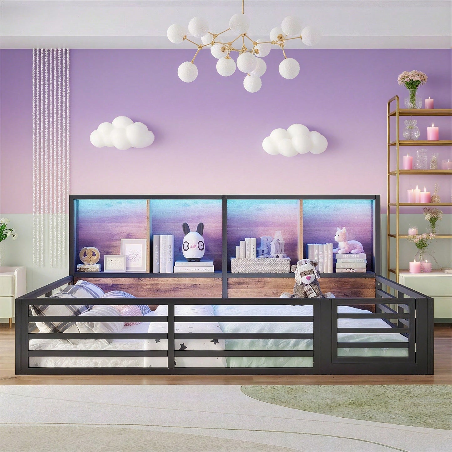 Zaunbett 140x200 cm – Modernes Metall-Daybett mit integriertem Staufach & Brüstung – Inkl. Lattenrost (ohne Matratze), schwarze Plattform für stilvolles Schlafzimmer