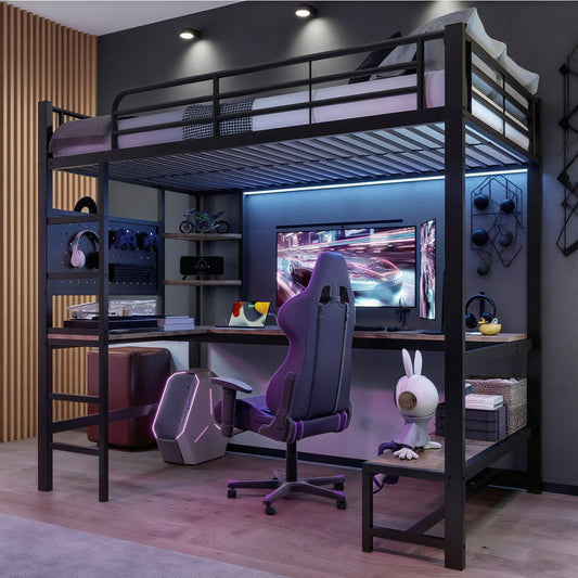 Hochbett 90x200 cm mit Schreibtisch & LED-Beleuchtung – Metallbett (Eisenrahmen) in Schwarz mit USB/Type-C-Anschlüssen, Lochbrett & Ablagen – Inkl. Geländer & Trittleiter (ohne Matratze)