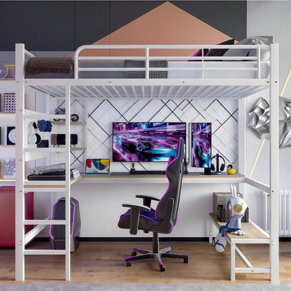 Hochbett 90x200 cm mit Schreibtisch & LED-Beleuchtung – Metallbett (Eisenrahmen) in Schwarz mit USB/Type-C-Anschlüssen, Lochbrett & Ablagen – Inkl. Geländer & Trittleiter (ohne Matratze)