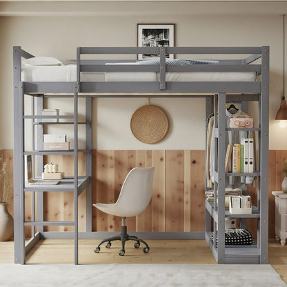 Massivholz-Hochbett 140x200 cm mit Schreibtisch & Regalen – Kinder-/Jugendbett in Weiß (inkl. Leiter, Ablageflächen & Aufhängungen) – Stilvolles Doppelbett mit Laminat-Oberflächen