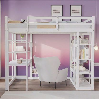 Massivholz-Hochbett 140x200 cm mit Schreibtisch & Regalen – Kinder-/Jugendbett in Weiß (inkl. Leiter, Ablageflächen & Aufhängungen) – Stilvolles Doppelbett mit Laminat-Oberflächen