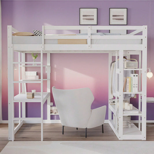 Massivholz-Hochbett 140x200 cm mit Schreibtisch & Regalen – Kinder-/Jugendbett in Weiß (inkl. Leiter, Ablageflächen & Aufhängungen) – Stilvolles Doppelbett mit Laminat-Oberflächen
