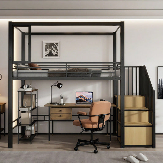 Modernes Hochbett Eisen + MDF in Schwarz/Natur – Mit Treppe inkl. Garderobe & Ablagefächern – Innovatives Acryl-Fenster mit Magnetfunktion – Flexibel nutzbare untere Etage – Sicher & stilvoll