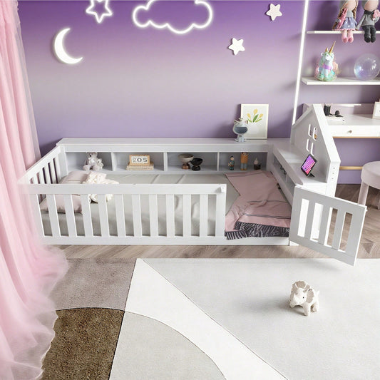 Massivholz-Kinderbett 90x200 cm in Weiß – Mit Dachleiste & Fenster – Praktisches Staufach & Sicherheitsgitter mit Tür – Rundum-Schutz & inkl. Lattenrost – Sicheres Einzelbett fürs Kinderzimmer