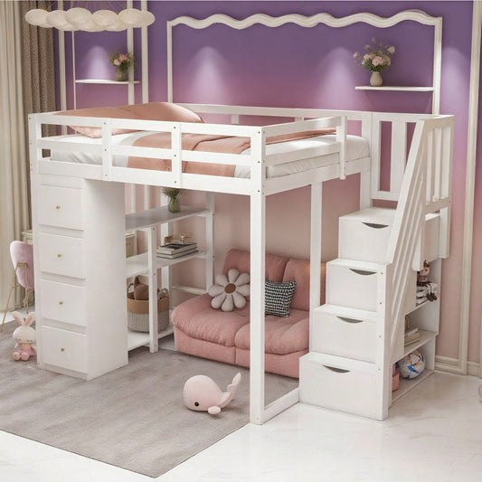 Massivholz-Hochbett 140x200 cm in Weiß - Mit integrierter Kommode & Aufbewahrungsschubladen - Sicherheits-Kletterleiter mit praktischen Staufächern - Multifunktionales Design mit Regalen - SKU: LDB00278AAK