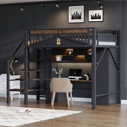 Modernes Metall-Hochbett 140x200 cm in Weiß - Einzigartiges Gehäusedesign mit dekorativen Fensterelementen - Sicherheitsleiter & großer Stauraum unter dem Bett - Stabile Schlafplatzlösung für Jugend- & Gästezimmer