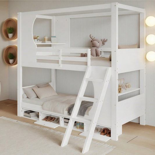 Modernes Etagenbett für Kinder (90x200 cm) - Mit integriertem Schreibtisch & Schuhschrank (4 Fächer) - Sicherheits-Gitter & dreistufige Schrägleiter - Viel Stauraum aus Kiefer, MDF & Sperrholz - Weiße Schlaf- & Spiel-Lösung