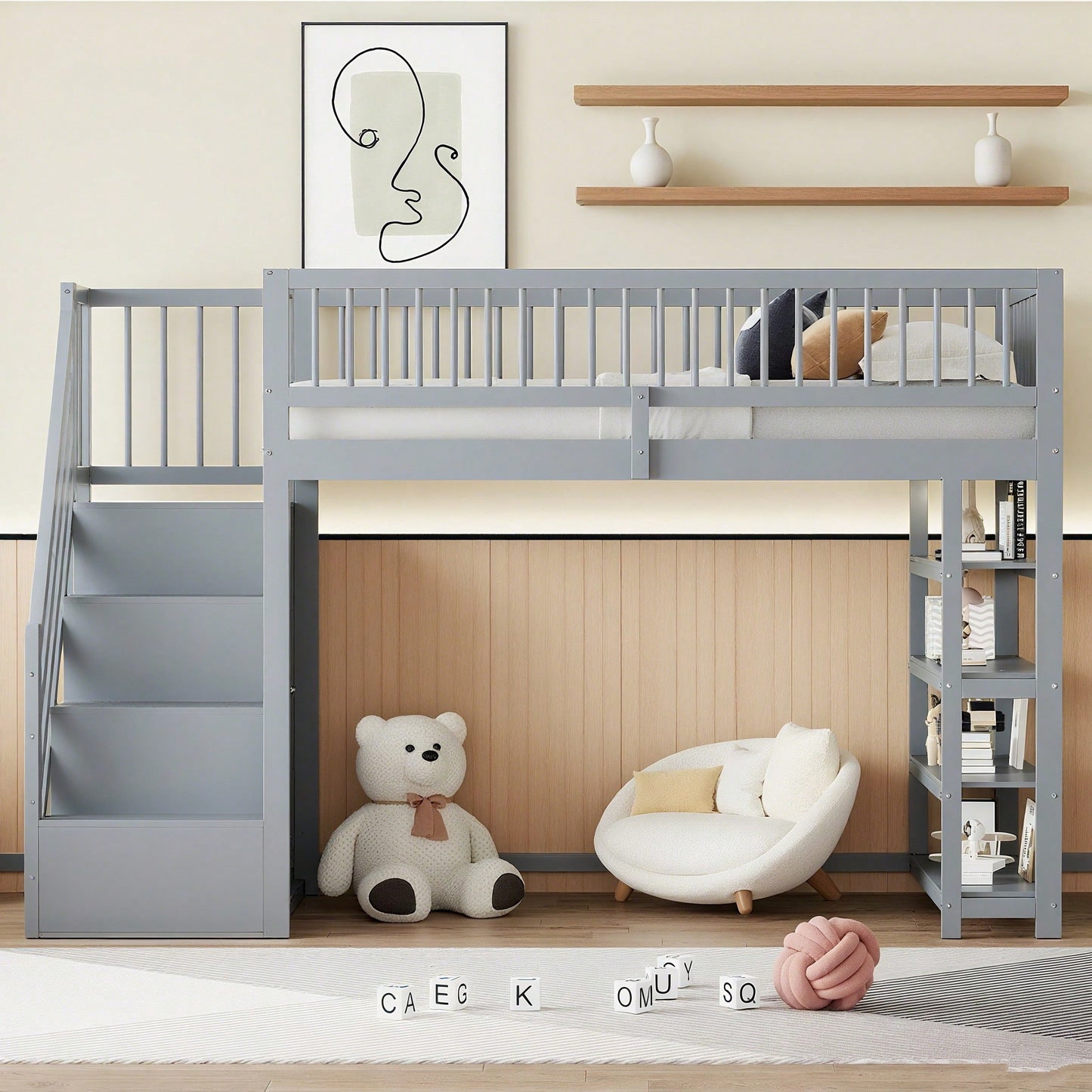 Hochbett 90x200 cm mit Kleiderschrank & Regalen – Sicherheitshochzaun, großer Stauraum & Kletterleiter – Massivholz, weiß, Multifunktions-Kinderbett